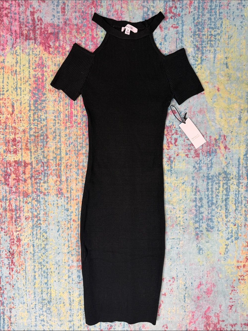 Active USA Black Cold-Shoulder Ribbed Midi Dress